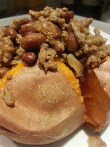 Baked Sweet Potato with Spicy Mince and Beans